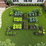 Vegetable garden with raised beds on a green lawn 