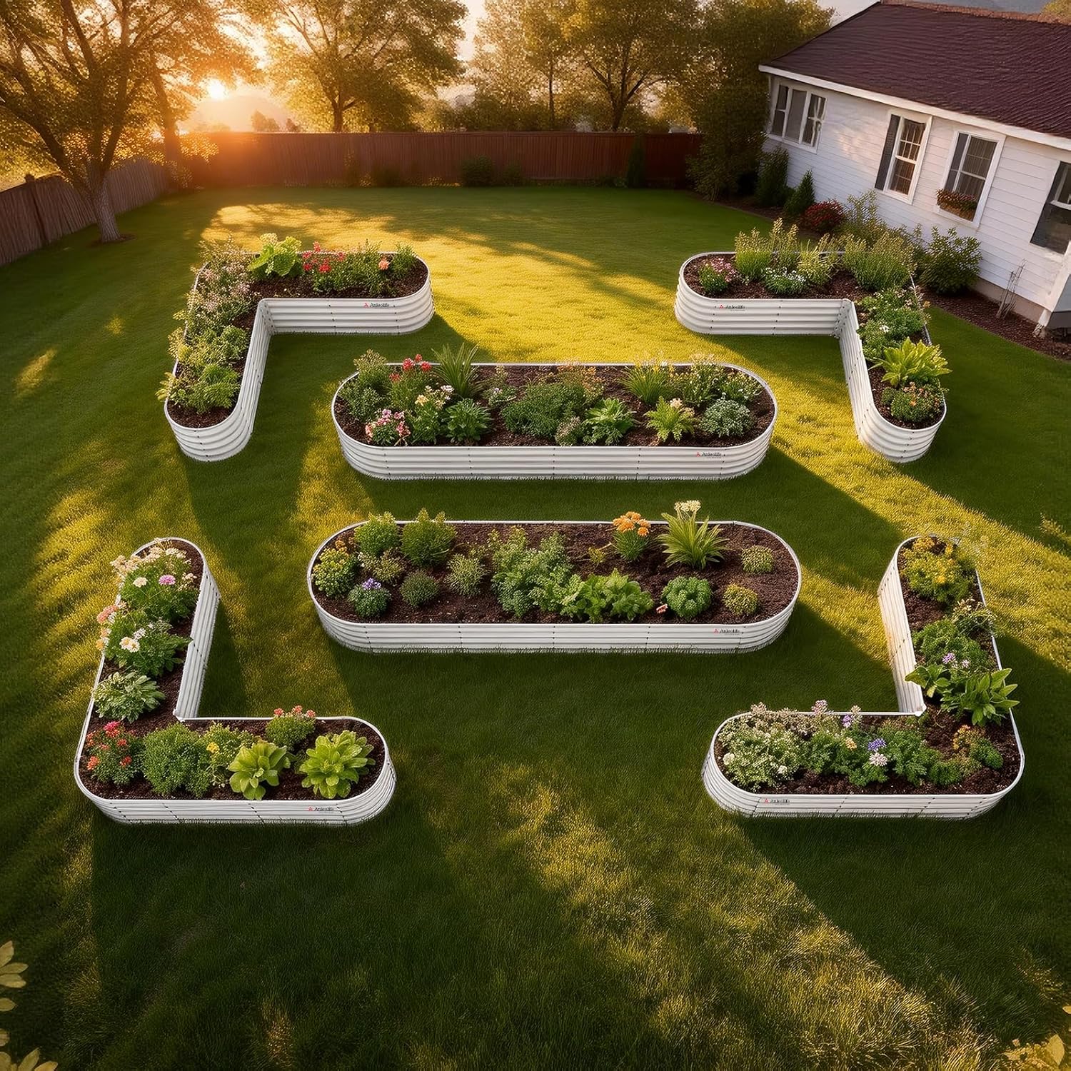 Garden beds shaped like the number '14' on a grassy lawn with a house in the background. 
