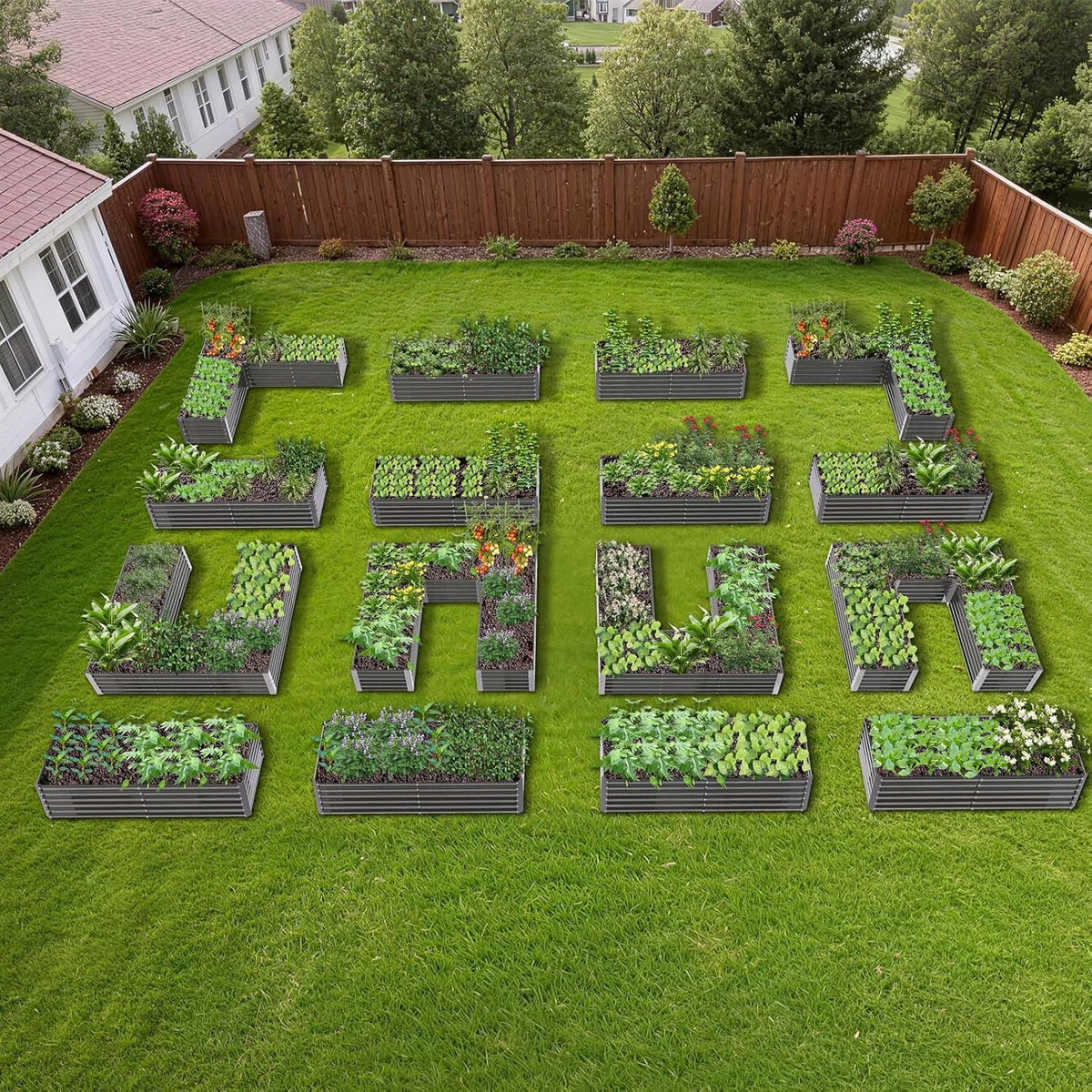 Garden with raised beds arranged to spell out 'HELLO' on a grassy lawn. 