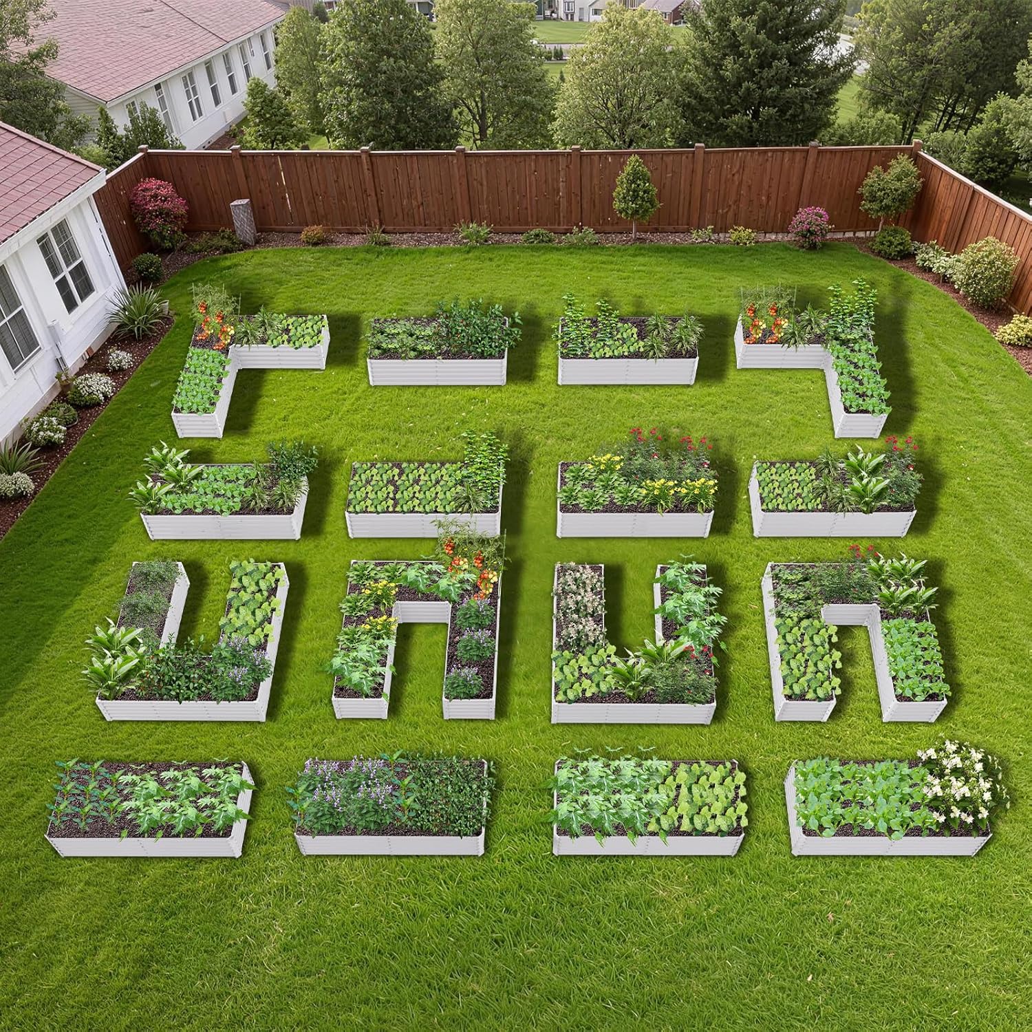 Geometric arrangement of raised garden beds filled with plants on a grassy lawn. 