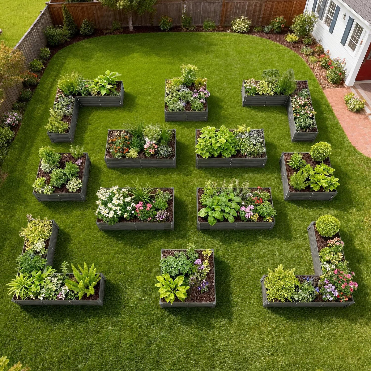 Geometric arrangement of garden beds with plants on a grassy lawn. 