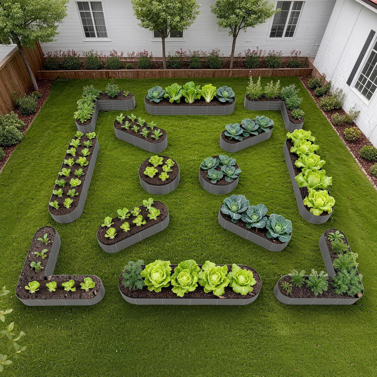 Vegetable garden with plants arranged in a decorative pattern on a lawn. 