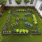 Vegetable garden with plants arranged in a decorative pattern on a lawn. 