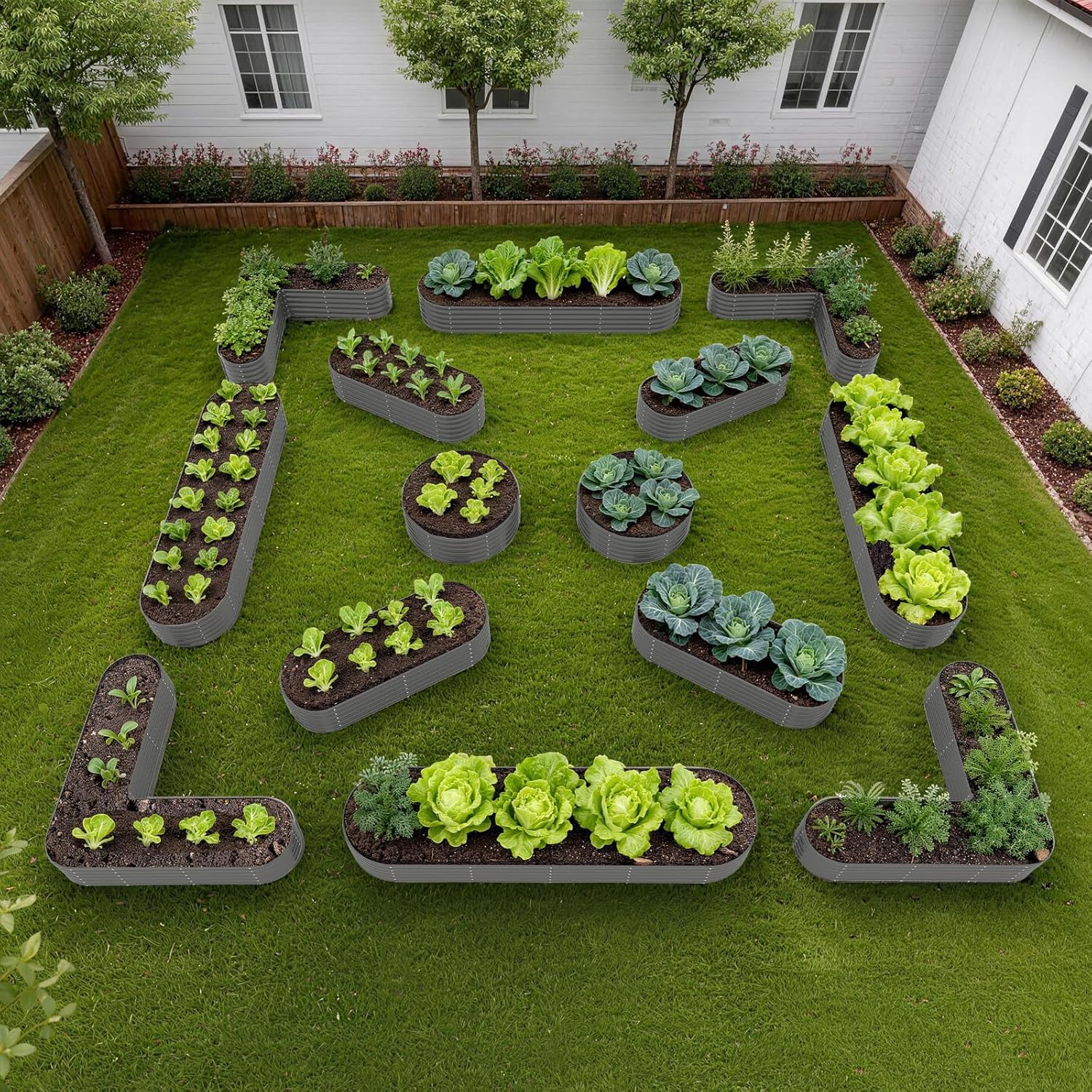 Vegetable garden with plants arranged in a decorative pattern on a lawn. 