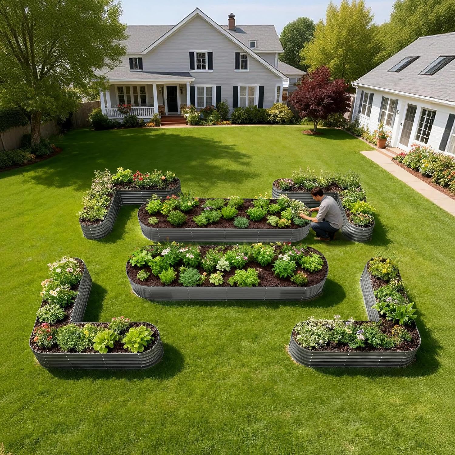 Garden with raised beds filled with plants in a residential backyard. 