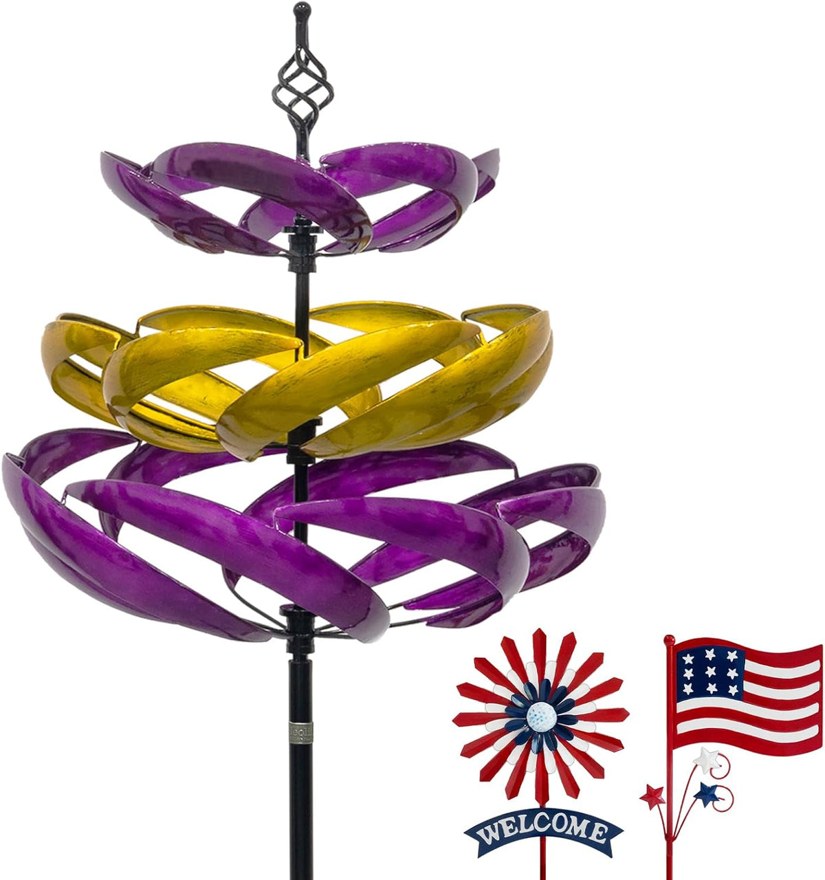 Colorful wind spinner with American flag and 'Welcome' sign on a white background