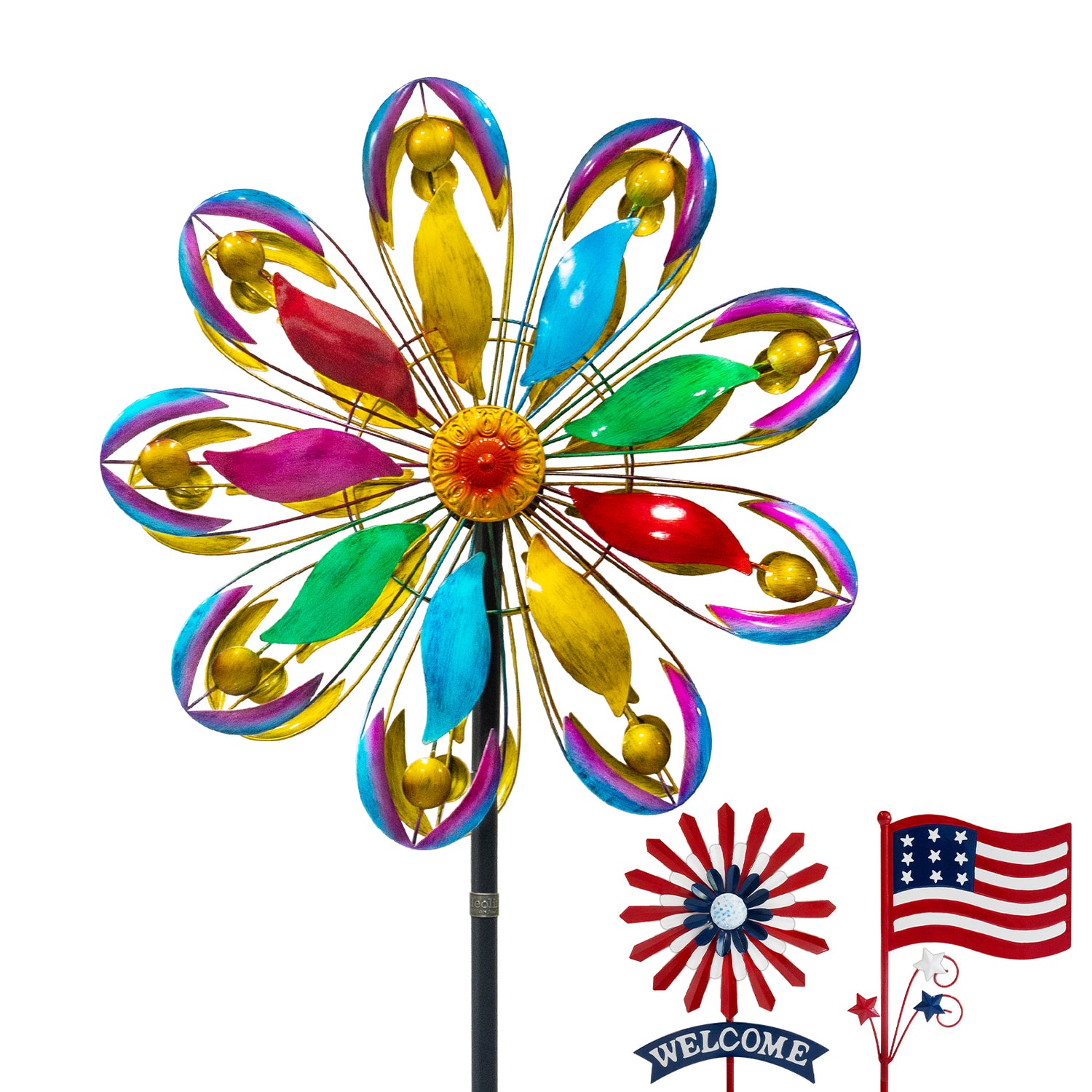84" Tall Outdoor Metal Kinetic Wind Spinner – Retro Flame Design, Colorful 360-Degree Rotation