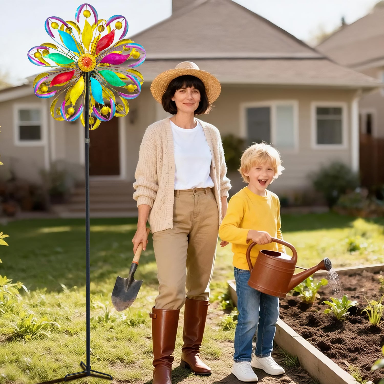 84" Tall Outdoor Metal Kinetic Wind Spinner – Retro Flame Design, Colorful 360-Degree Rotation