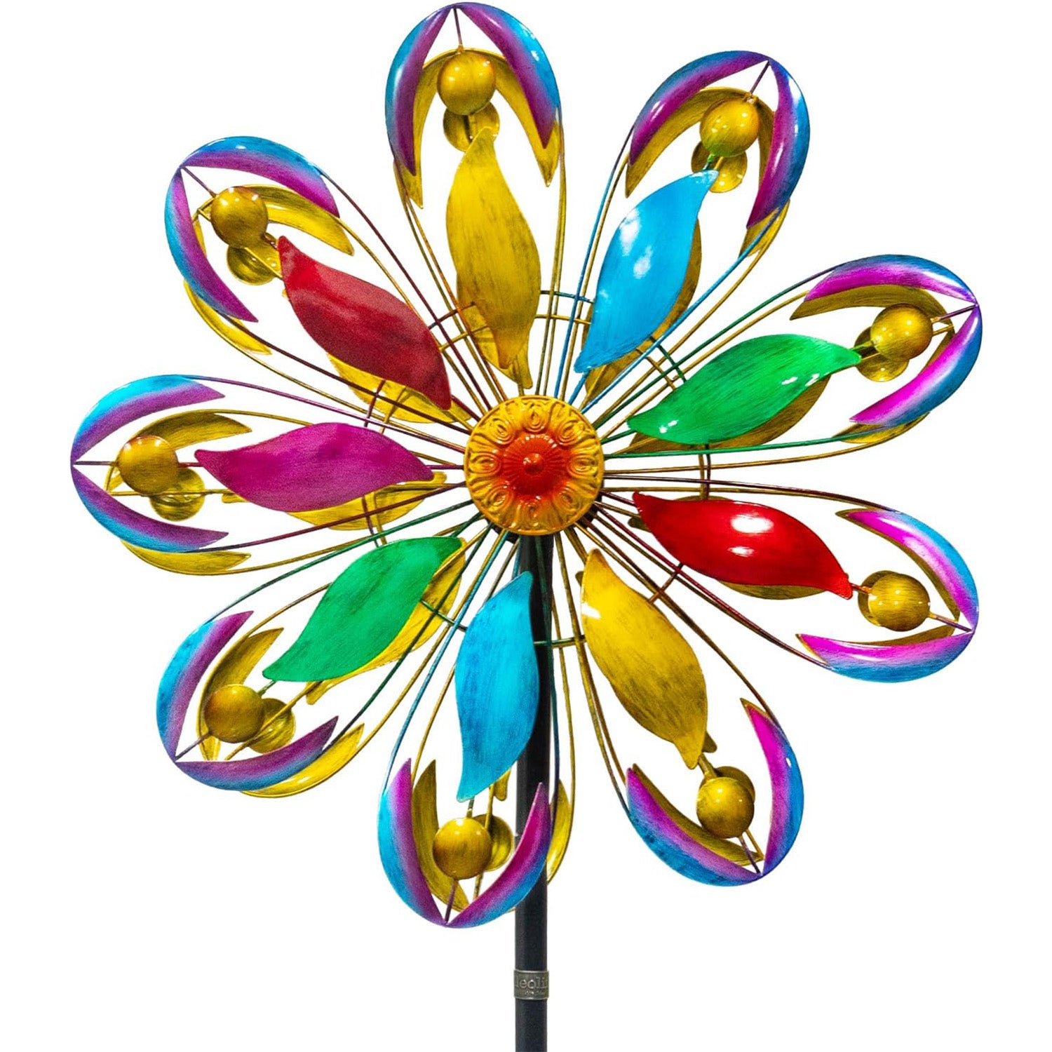 84" Tall Outdoor Metal Kinetic Wind Spinner – Retro Flame Design, Colorful 360-Degree Rotation
