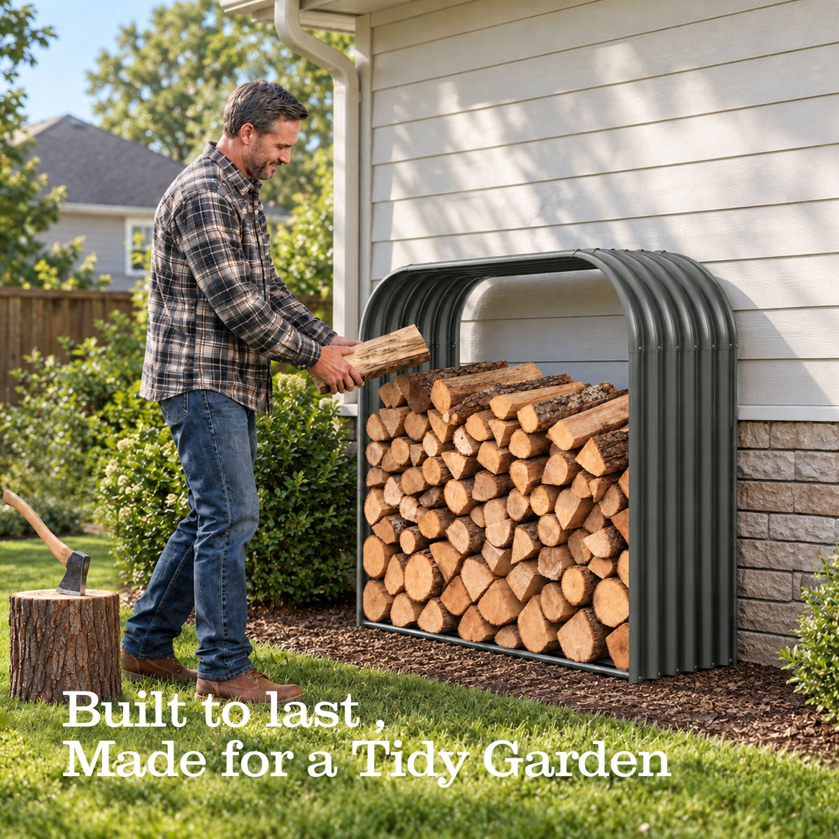 32 Cubic Ft Large Covered Galvanized Steel Firewood Rack, 59"W x 18"D x 48"H