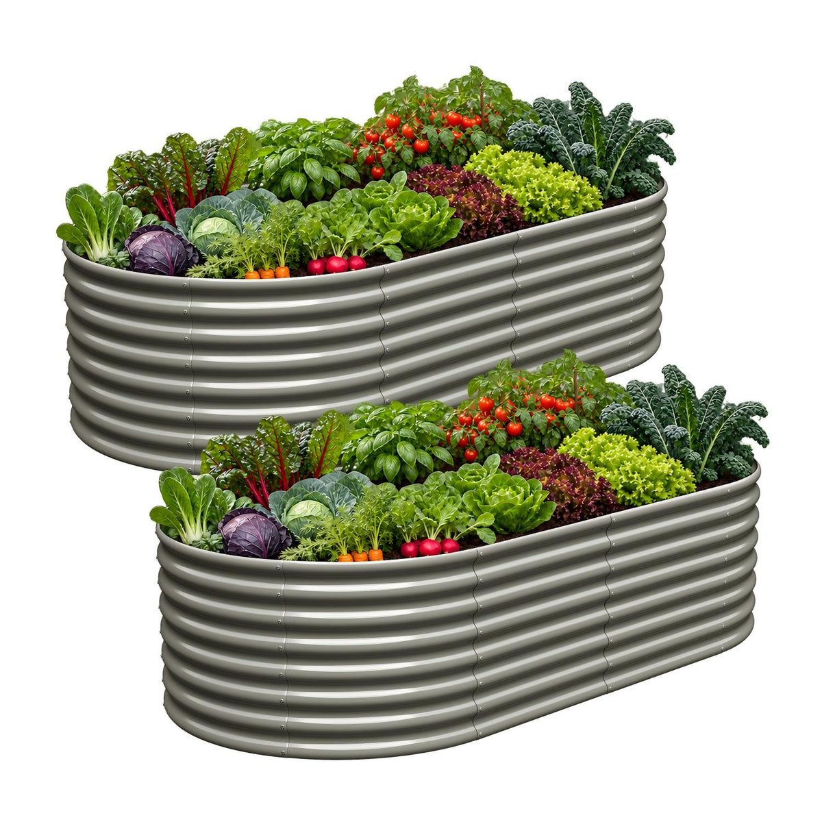 Two corrugated metal raised garden beds filled with assorted fresh vegetables, shown on a plain white background. 