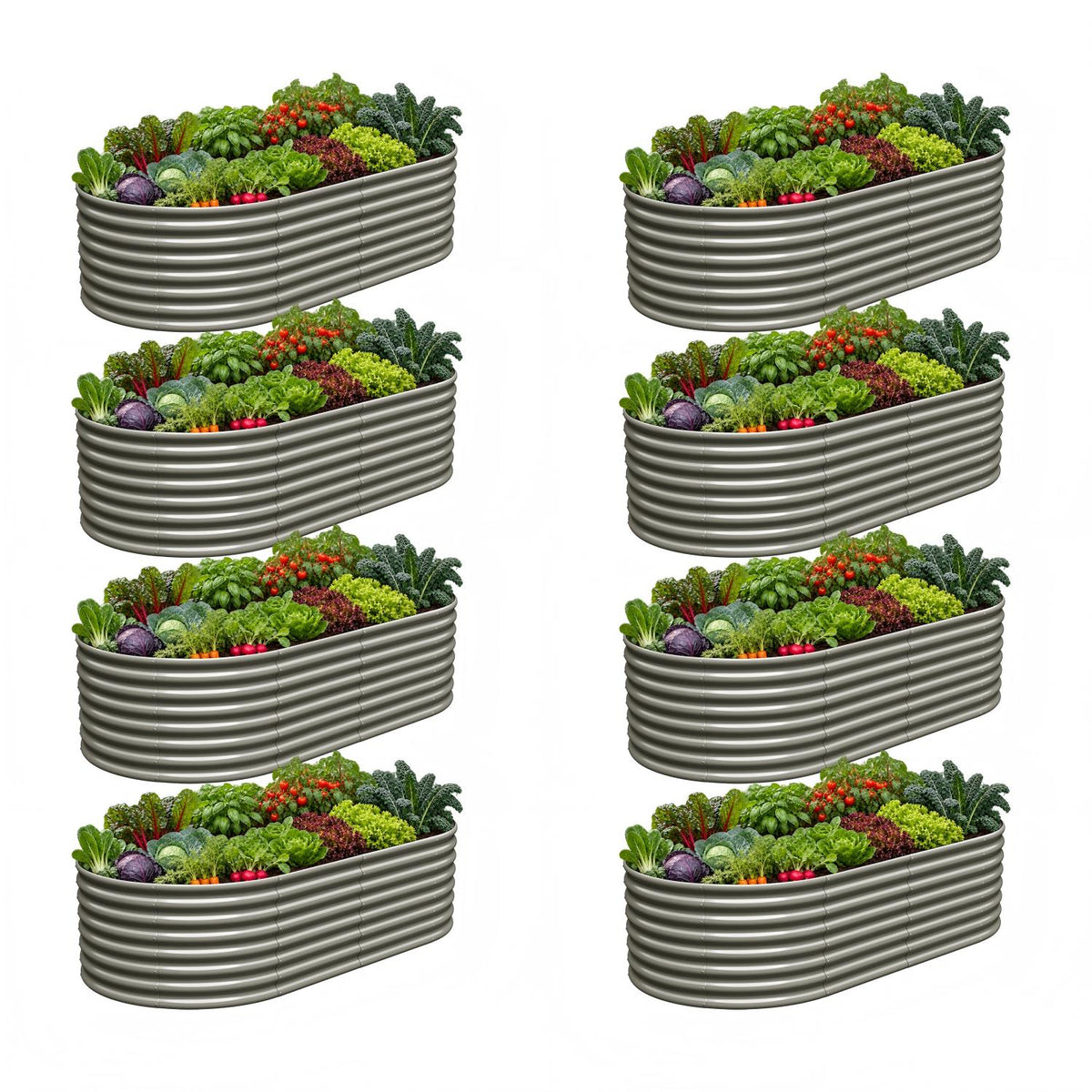 Eight corrugated metal raised garden beds filled with assorted green, red, and purple vegetables, arranged in two columns of four on a plain white background. 