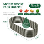 An elongated metal garden bed with an open bottom, shown on a white background with dimension labels (L: 96", W: 48", H: 24") and text highlighting 56 cu ft soil capacity and suitability for tomatoes, carrots, potatoes, and peppers. 