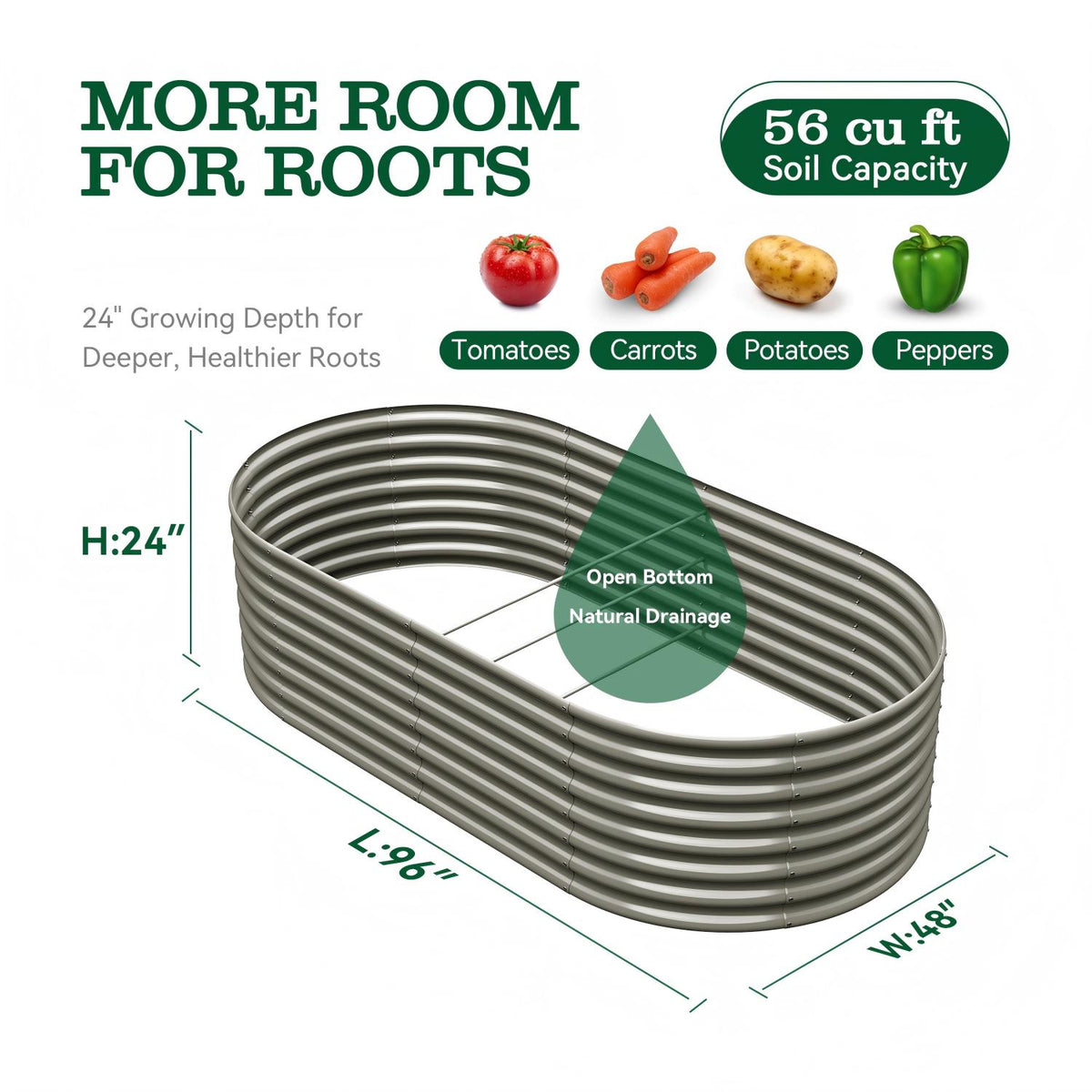 An elongated metal garden bed with an open bottom, shown on a white background with dimension labels (L: 96", W: 48", H: 24") and text highlighting 56 cu ft soil capacity and suitability for tomatoes, carrots, potatoes, and peppers. 