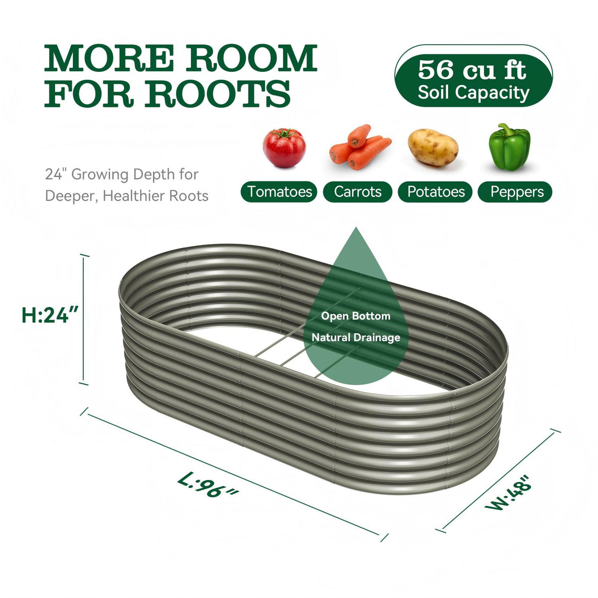 An elongated metal garden bed with an open bottom, shown on a white background with dimension labels (L: 96", W: 48", H: 24") and text highlighting 56 cu ft soil capacity and suitability for tomatoes, carrots, potatoes, and peppers. 