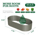 An elongated metal garden bed with an open bottom, shown on a white background with dimension labels (L: 96", W: 48", H: 24") and text highlighting 56 cu ft soil capacity and suitability for tomatoes, carrots, potatoes, and peppers. 