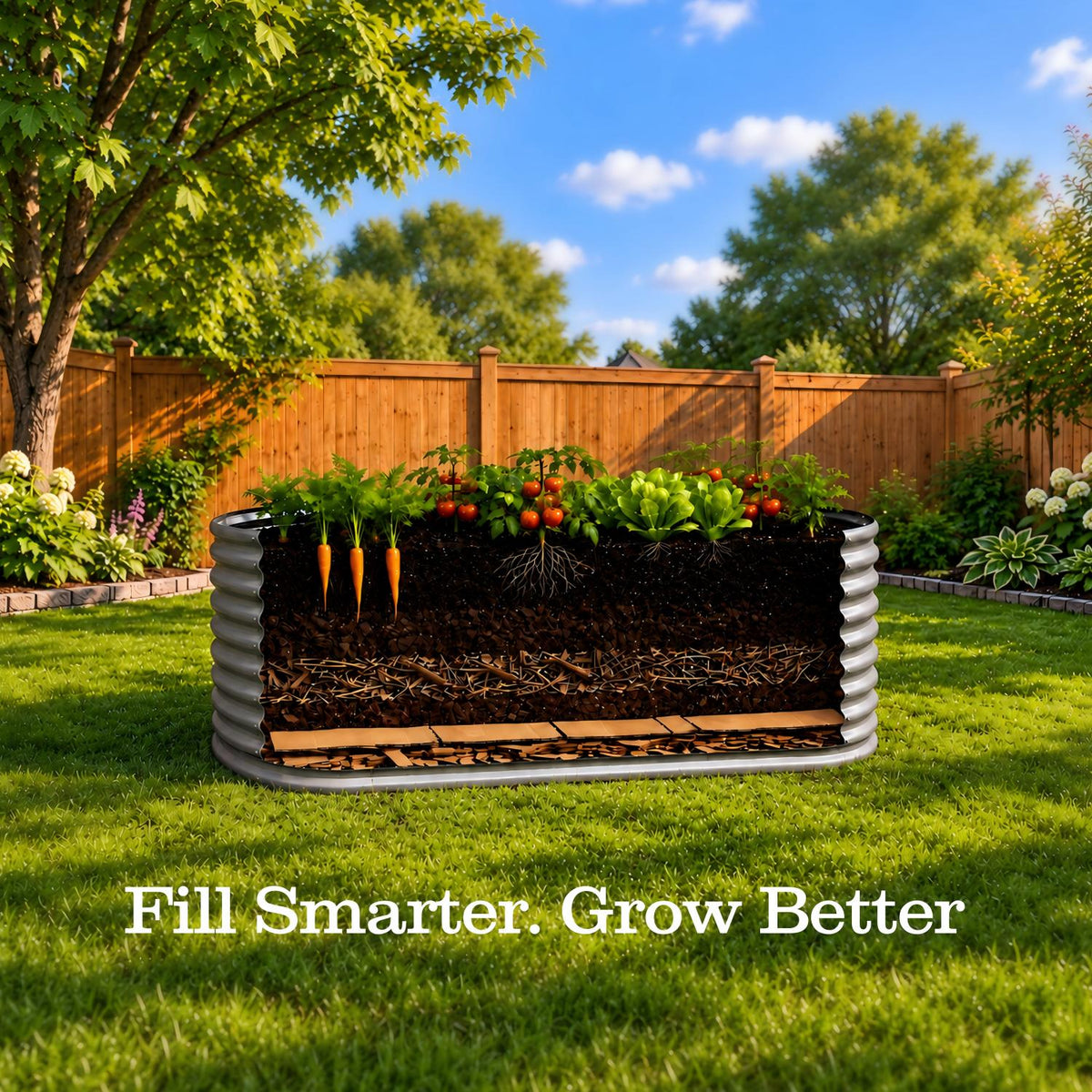 A raised garden bed with layered soil, growing carrots, tomatoes, and leafy greens, shown in a backyard setting with a wooden fence, trees, and blue sky. The text 'Fill Smarter. 