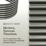 Promotional graphic for a corrugated metal garden wall in Quartz Gray, showing a close-up of the gray ribbed panel on the right and a coiled section on the upper left against a light background with text reading 'QUARTZ GRAY' and 'Modern. Natural. 