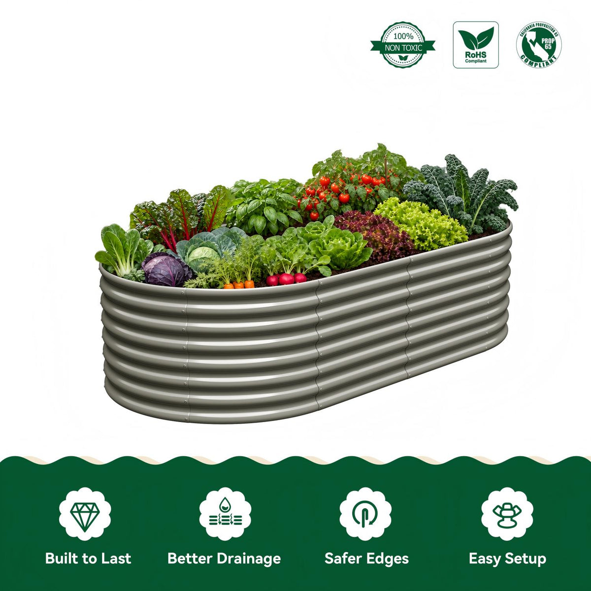 An oval corrugated metal raised garden bed filled with assorted fresh vegetables, shown on a white background with green feature icons and badges at the top and bottom. 