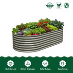 An oval corrugated metal raised garden bed filled with assorted fresh vegetables, shown on a white background with green feature icons and badges at the top and bottom. 