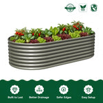 An oval corrugated metal raised garden bed filled with assorted fresh vegetables, shown on a white background with green feature icons and badges at the top and bottom. 