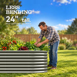 A man gardening in a grassy backyard next to a corrugated metal raised garden bed filled with plants and tomatoes. Large text on the left reads 'LESS BENDING 24" tall. 