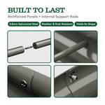 Promotional graphic for a metal panel product with text reading 'BUILT TO LAST' and four inset detail panels showing reinforced panels, internal support rods, and a galvanized steel finish. The layout is clean and informative on a white background. 