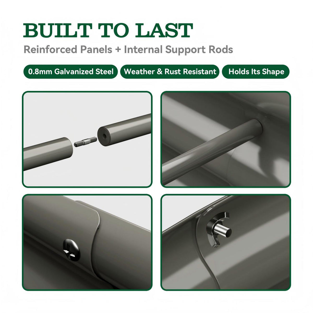 Promotional graphic for a metal panel product with text reading 'BUILT TO LAST' and four inset detail panels showing reinforced panels, internal support rods, and a galvanized steel finish. The layout is clean and informative on a white background. 