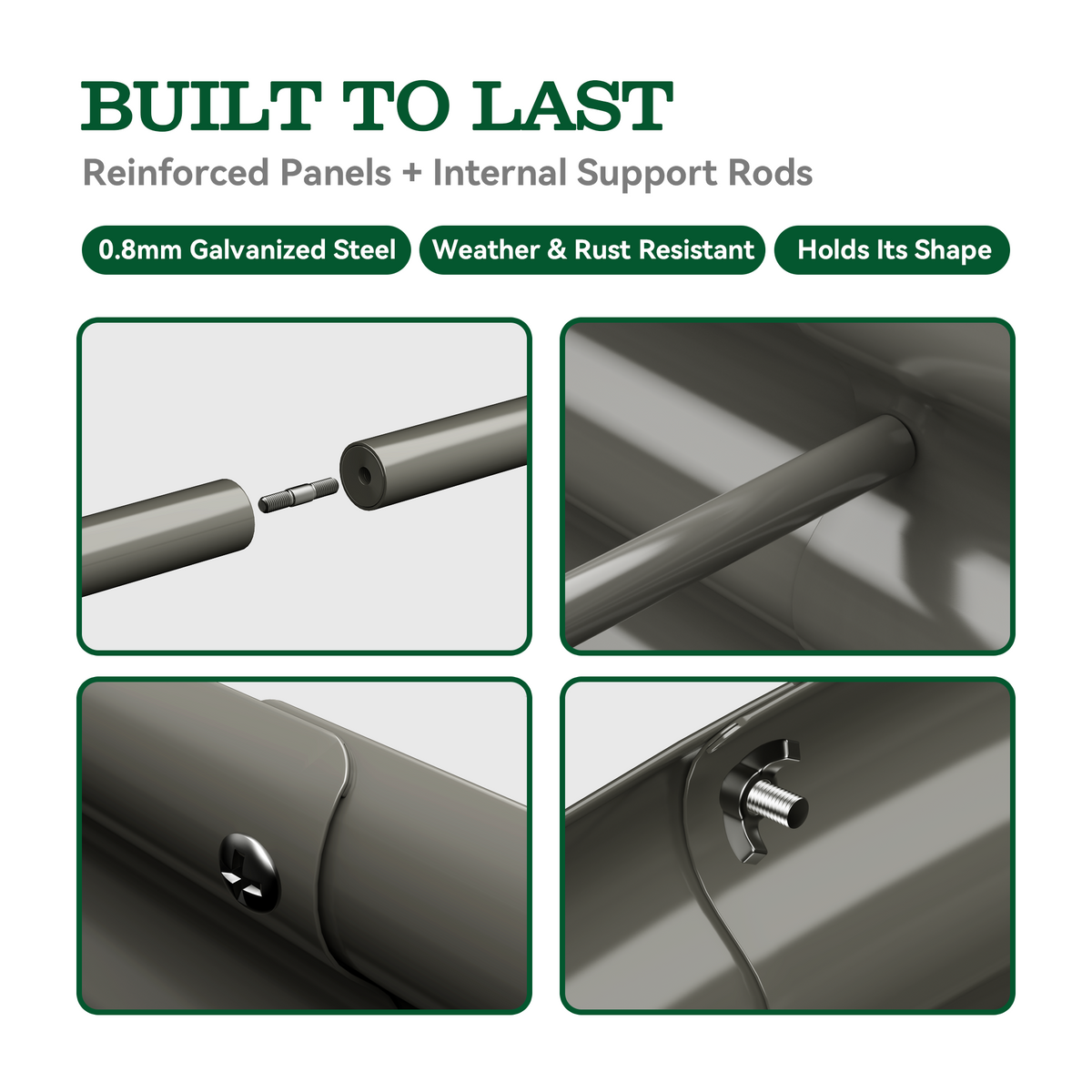 Promotional graphic for a metal panel product with text reading 'BUILT TO LAST' and four inset detail panels showing reinforced panels, internal support rods, and a galvanized steel finish. The layout is clean and informative on a white background. 