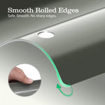 Close-up of a smooth rolled edge product with text reading 'Smooth Rolled Edges' and 'Safe. Smooth. 
