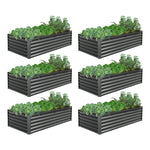 Six Gray metal raised garden beds with green plants on a white background
