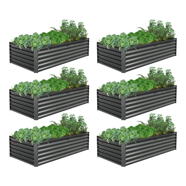 Six Gray metal raised garden beds with green plants on a white background