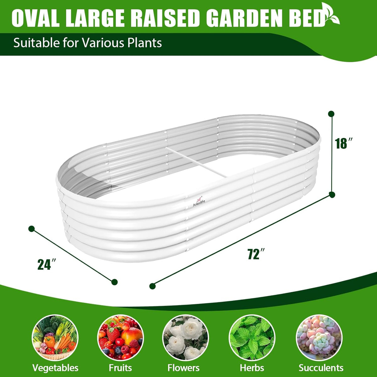 Oval large raised garden bed with dimensions and plant types suitability on a green background 