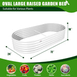 Oval large raised garden bed with dimensions and plant types suitability on a green background 