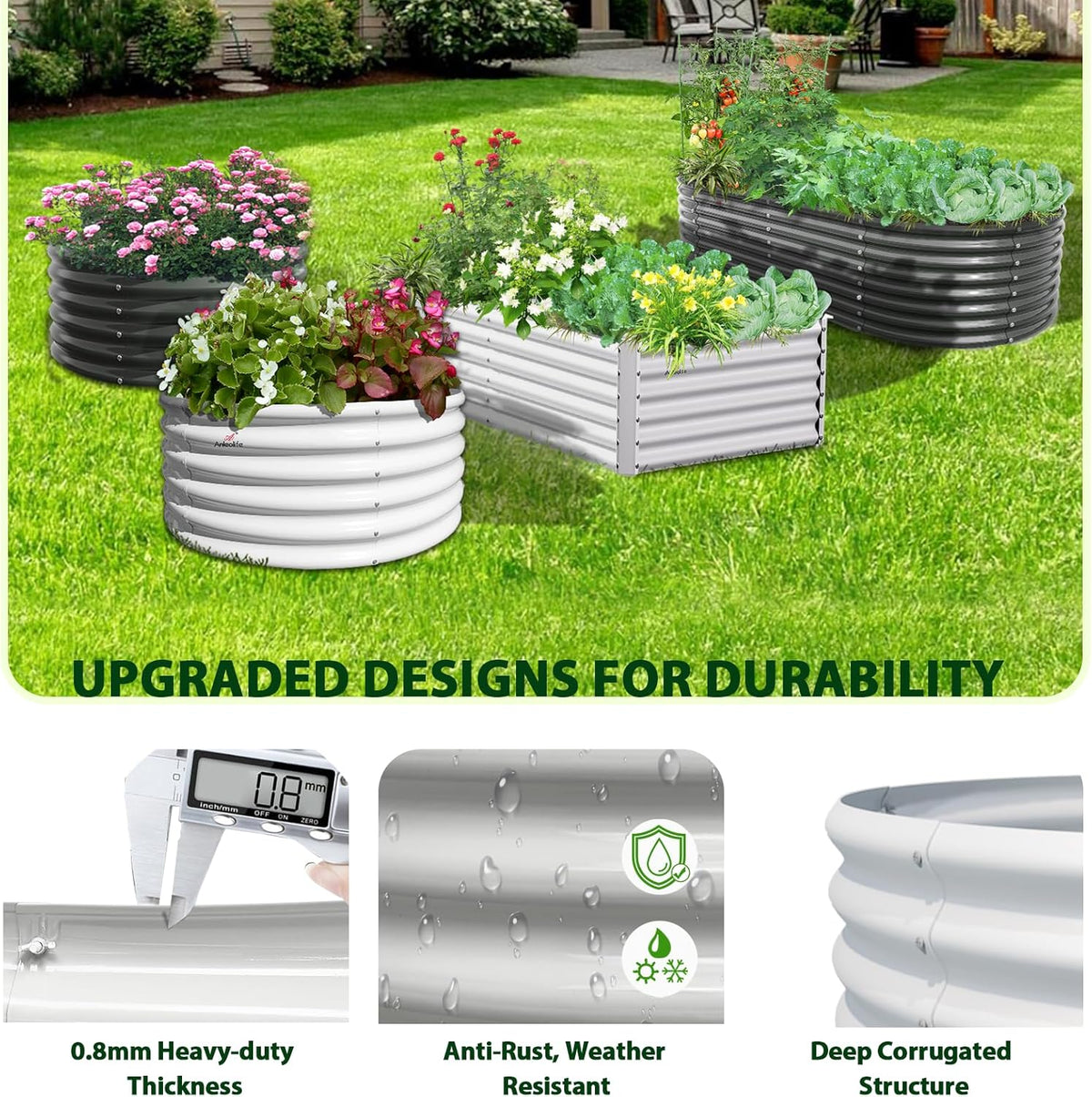 Raised garden beds with plants on grass, featuring durability features and measurements. 