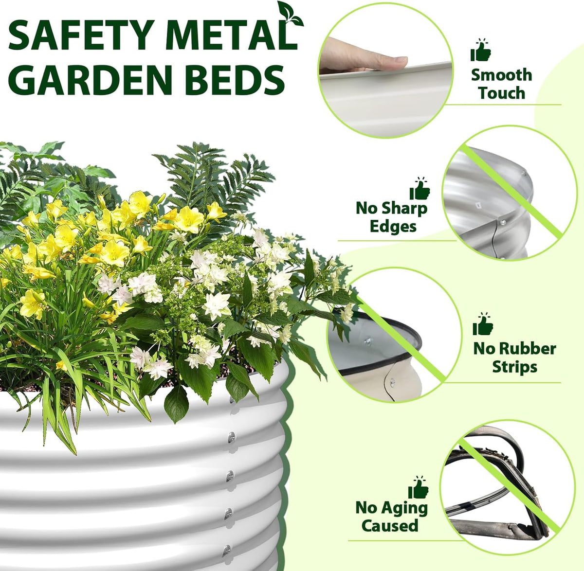 Safety metal garden bed with plants and features highlighted on a green background 
