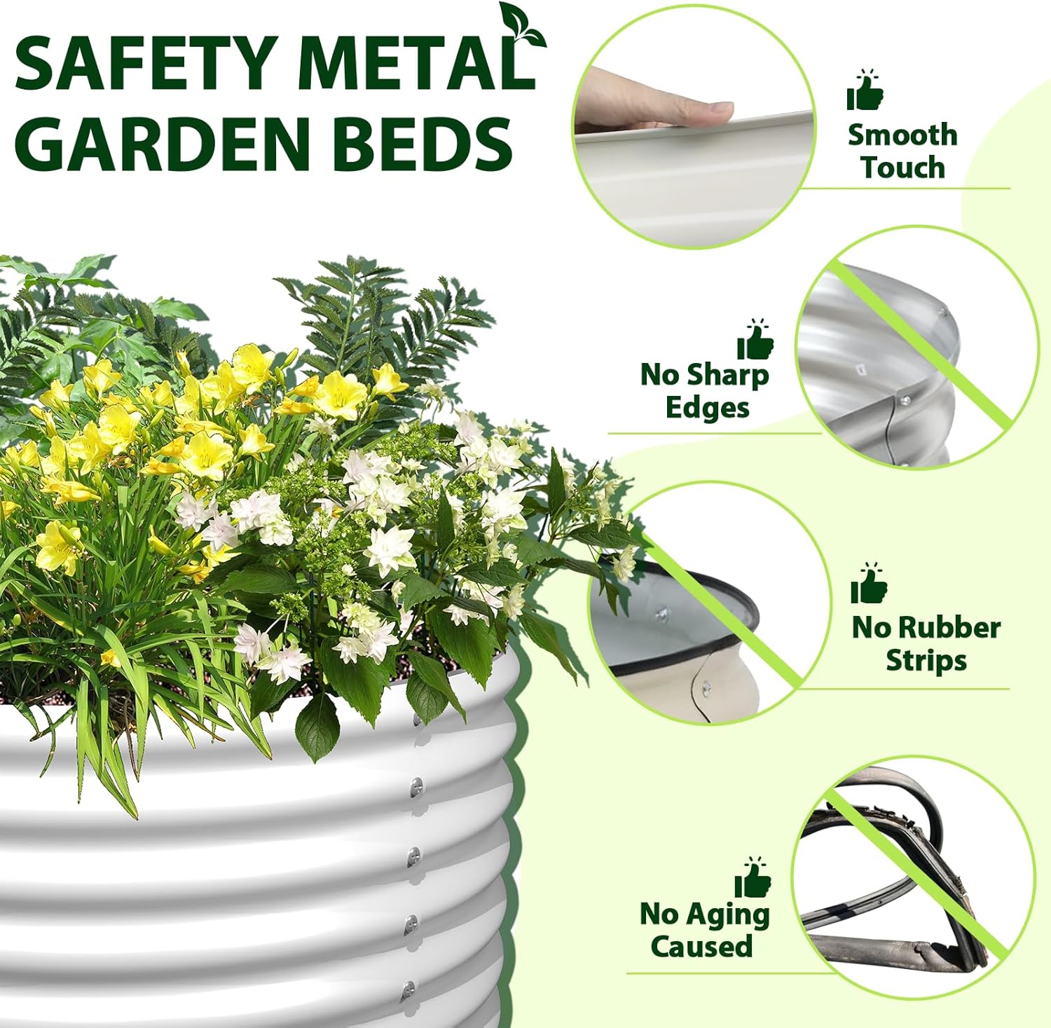 Safety metal garden bed with plants and features highlighted on a green background 