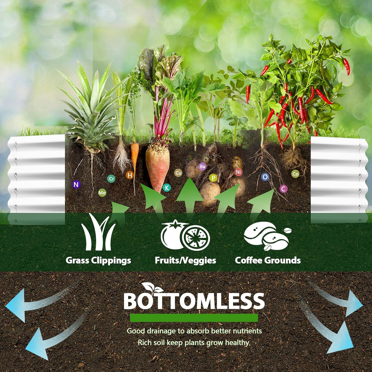 Garden bed with plants and soil layers, featuring 'Bottomless' product branding. 