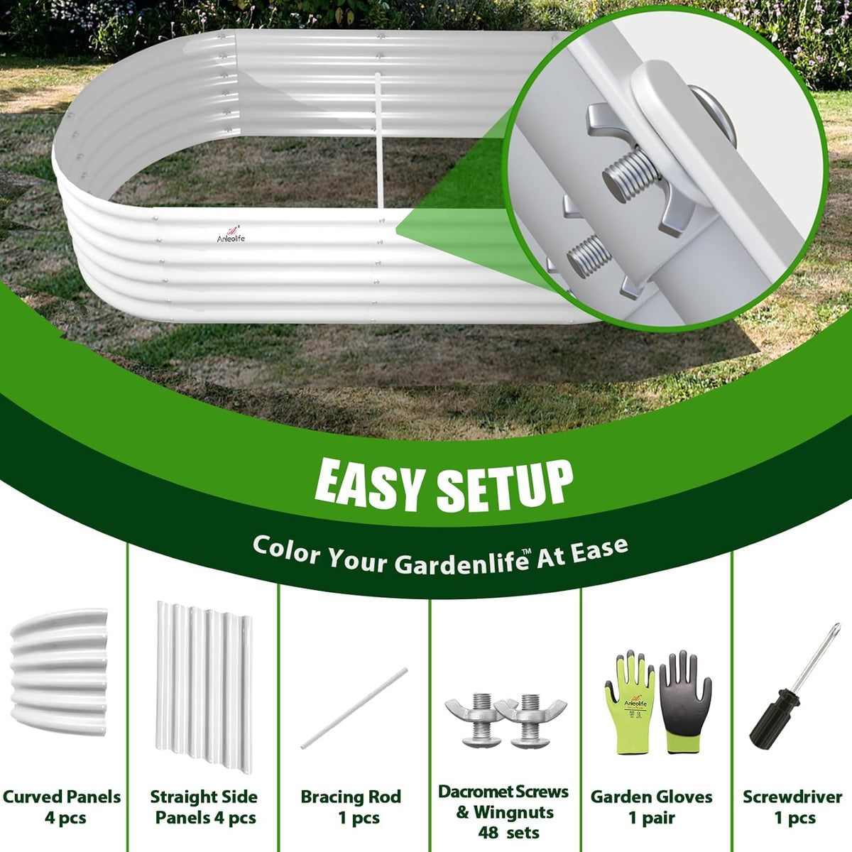 Garden shed kit with curved and straight side panels, bracing rod, screws, gloves, and screwdriver on a grassy background. 
