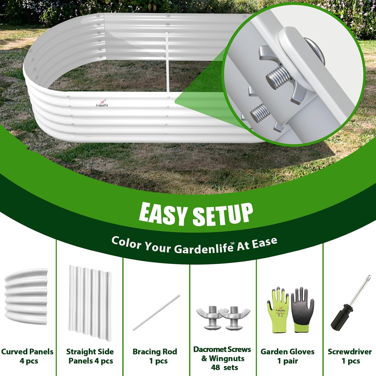 Garden shed kit with curved and straight side panels, bracing rod, screws, gloves, and screwdriver on a grassy background. 