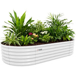 White metal garden bed with plants on a white background 