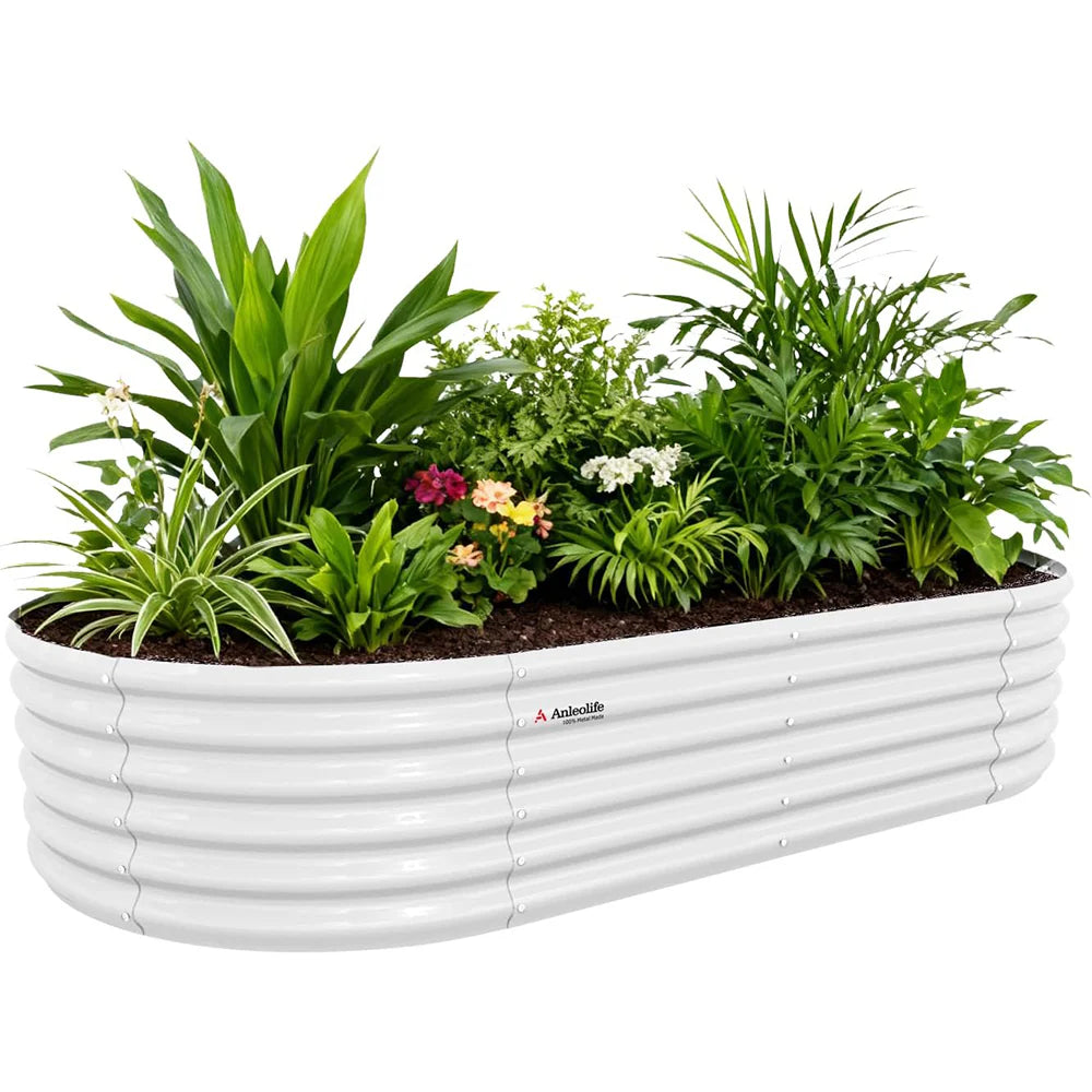 White metal garden bed with plants on a white background 