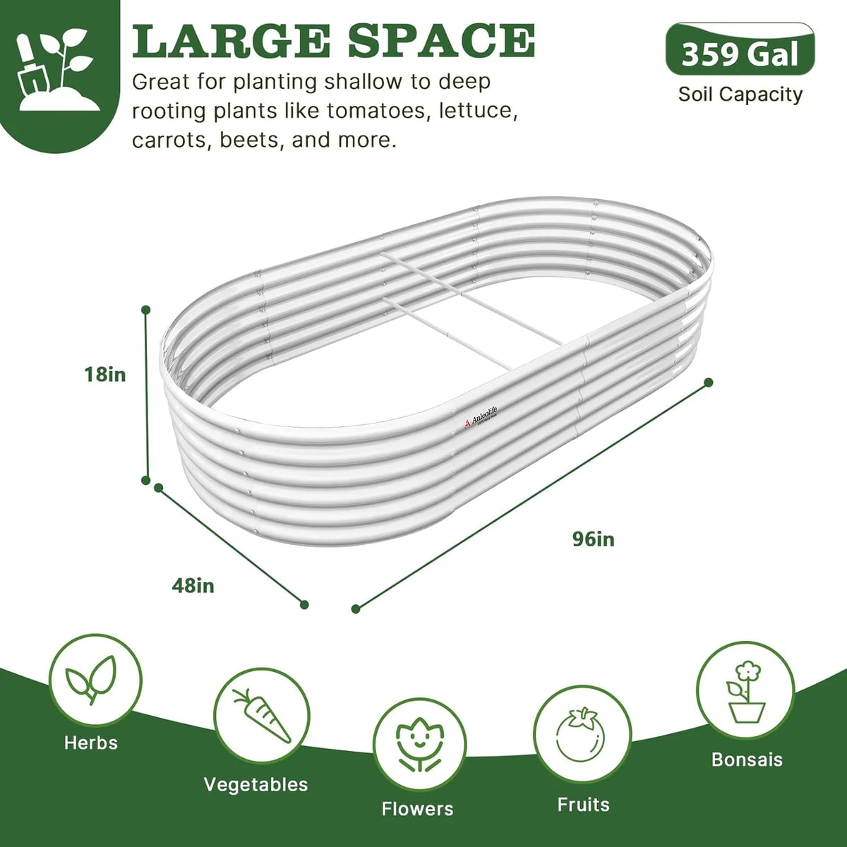 Garden bed with dimensions and capacity information on a green background 