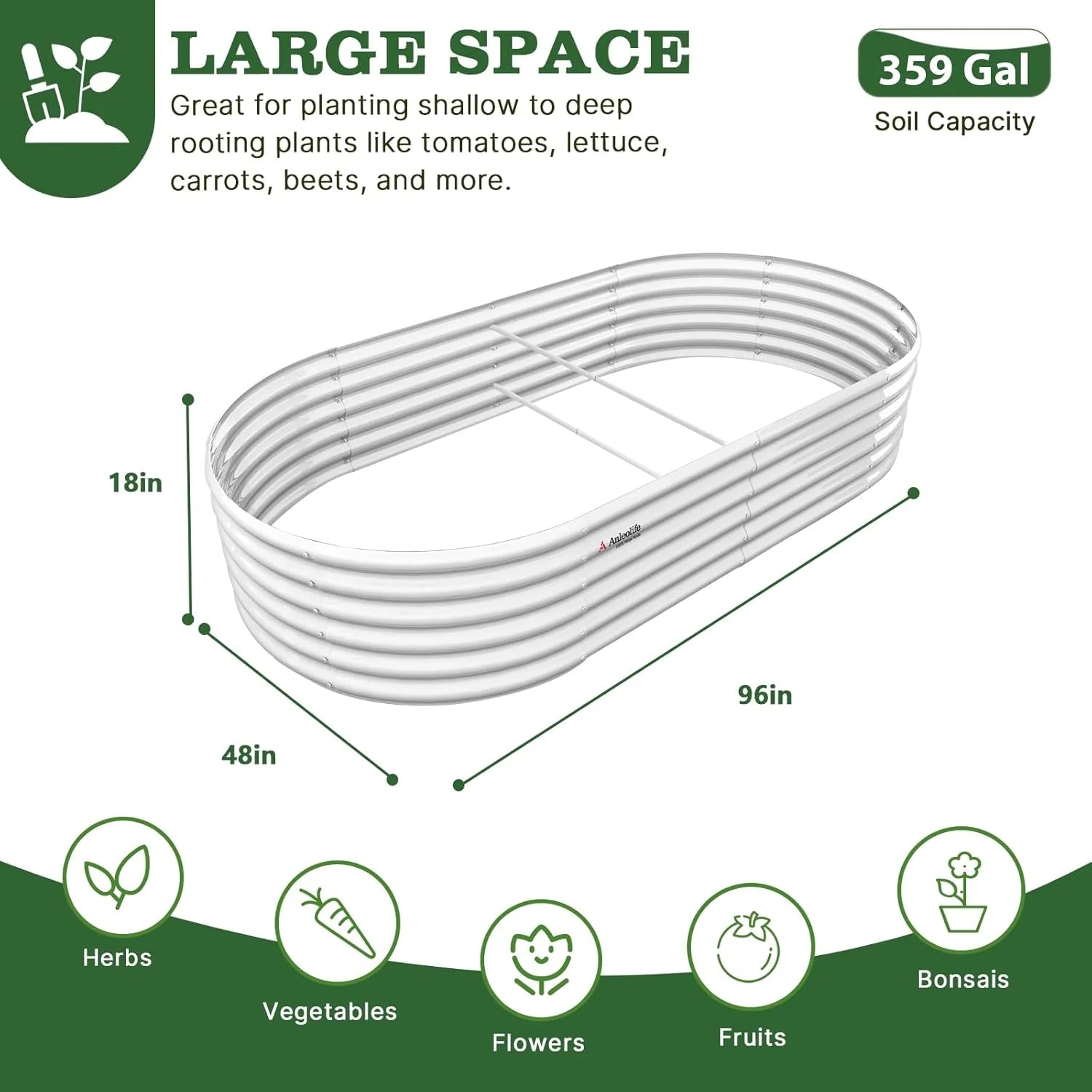Garden bed with dimensions and capacity information on a green background 