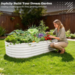 Woman tending to a raised garden bed filled with vegetables in a backyard setting. 