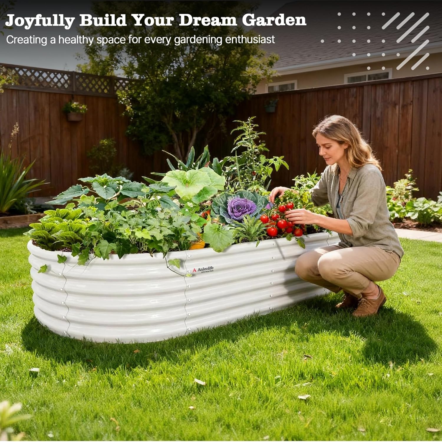 Woman tending to a raised garden bed filled with vegetables in a backyard setting. 