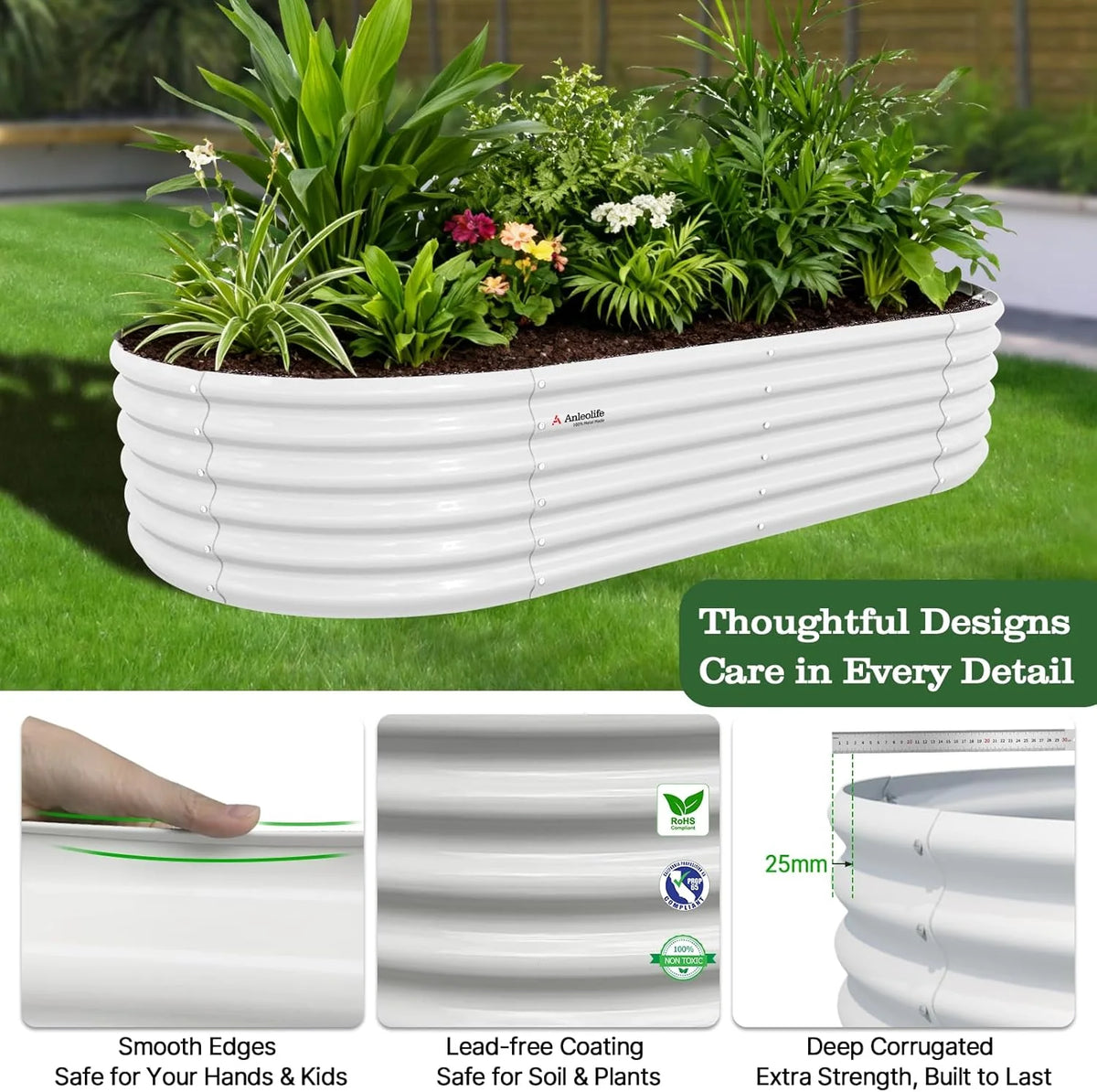 White corrugated planters with plants on a grassy background, featuring text about product features. 