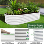 White corrugated planters with plants on a grassy background, featuring text about product features. 