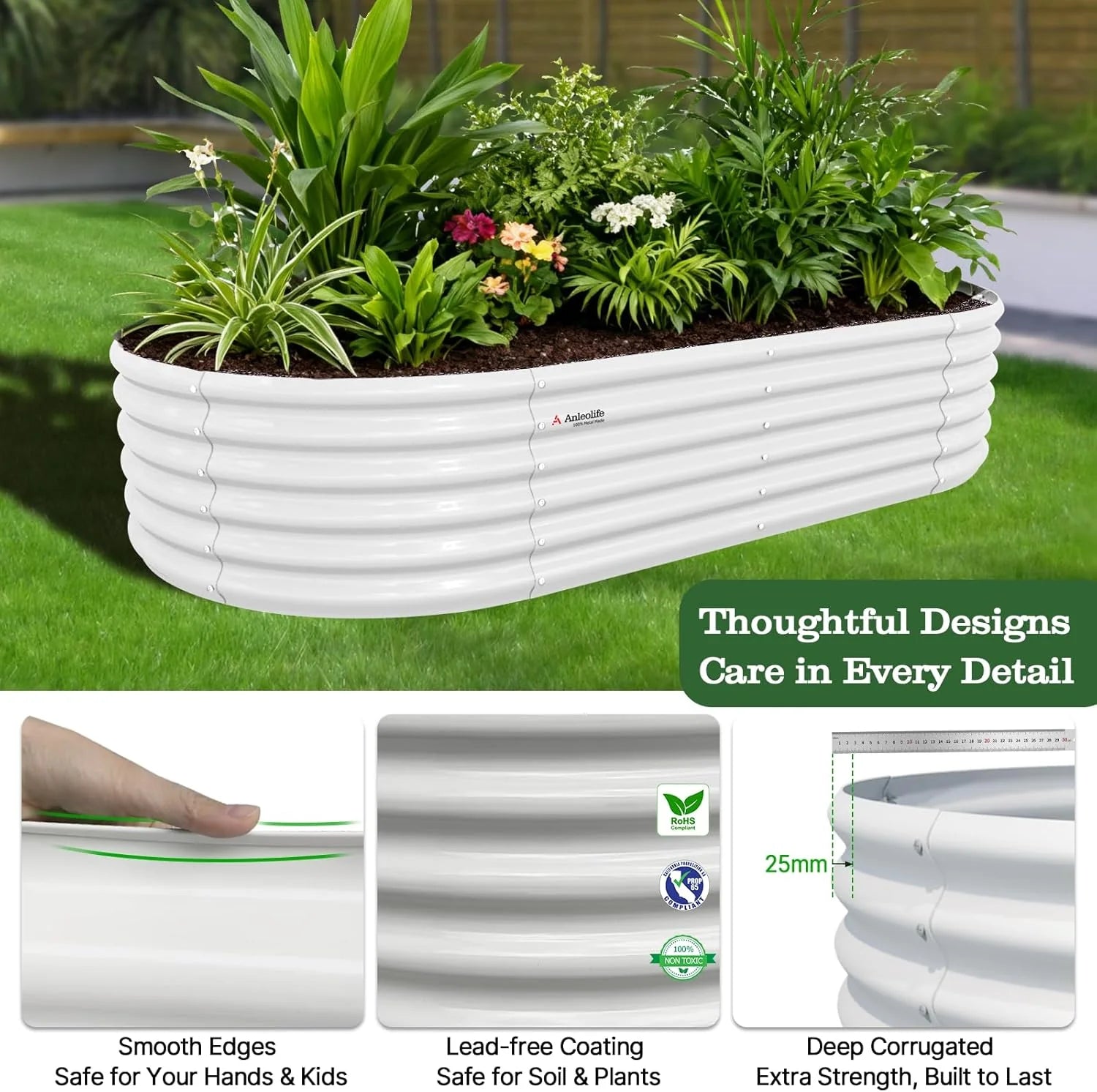 White corrugated planters with plants on a grassy background, featuring text about product features. 