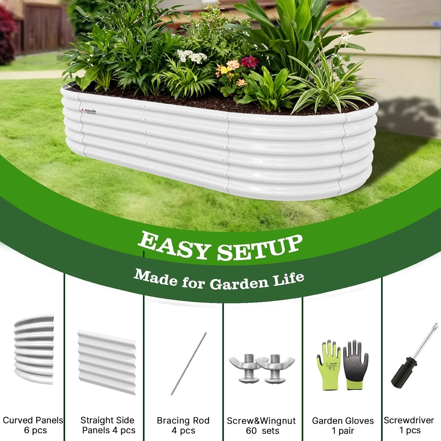 White garden planter with plants, labeled 'Easy Setup Made for Garden Life' with gardening tools and supplies below. 
